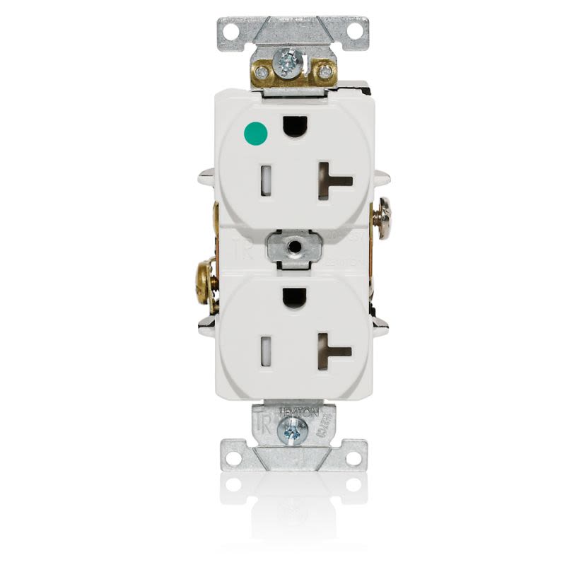 Leviton T8300-W T8300 Duplex Flat Smooth Face Heavy Duty Self-Grounding Standard Tamper-Resistant Straight Blade Receptacle, 125 V AC, 20 A, 2 Poles, 3 Wires, White