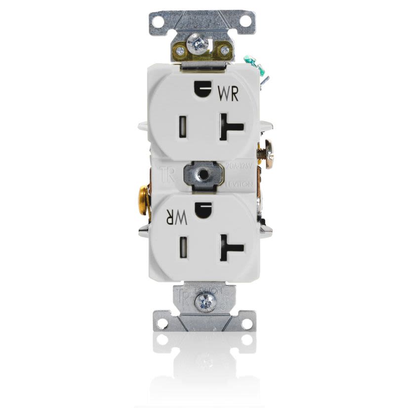 Leviton TWR20-W Duplex Self-Grounding Tamper and Weather Resistant Straight Blade Receptacle, 125 V AC, 20 A, 2 Poles, 3 Wires, White