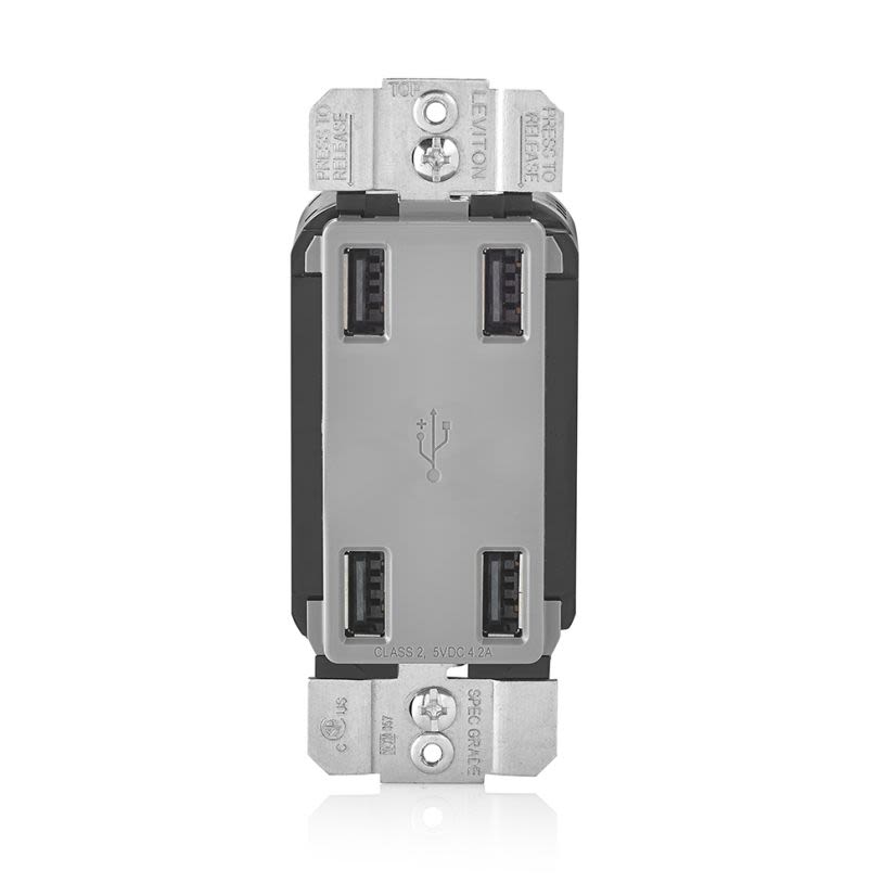 Leviton USB4P-GY 4-Port USB Charger, 4.2 A, 125 V AC, Gray
