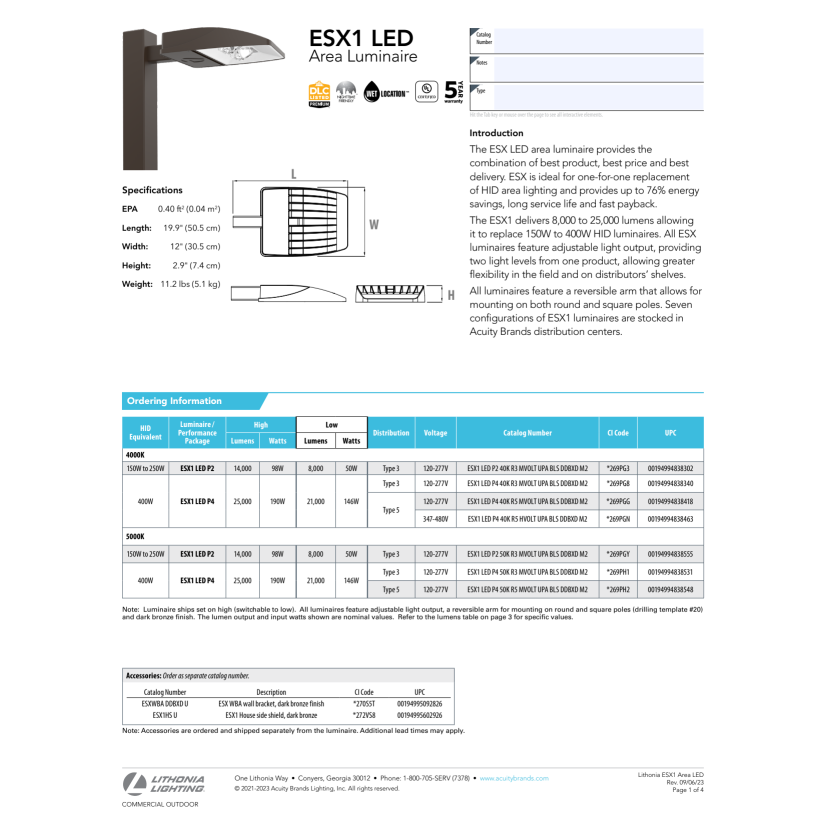 Lithonia ESX1 LED P4 40K R5 HVOLT UPA BLS DDBXD M2 LED Area Light
