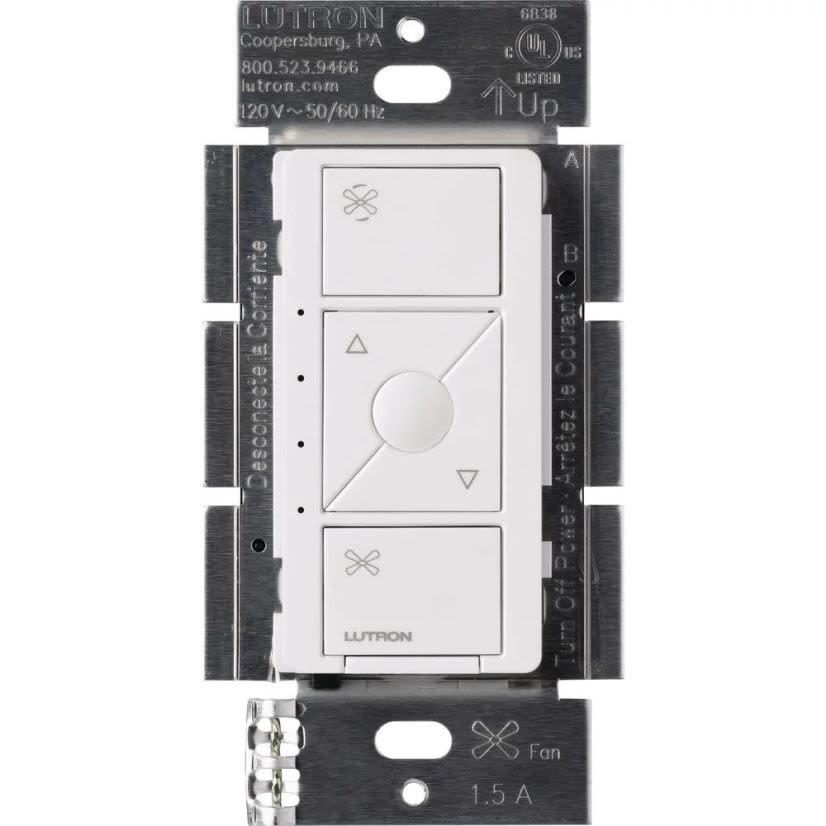 Lutron Caseta PD-FSQN-WH Wireless Fan Speed Control, 120 V AC, 1.5 A, 4-Speed/Quiet Operational Mode, Metal/Plastic, White
