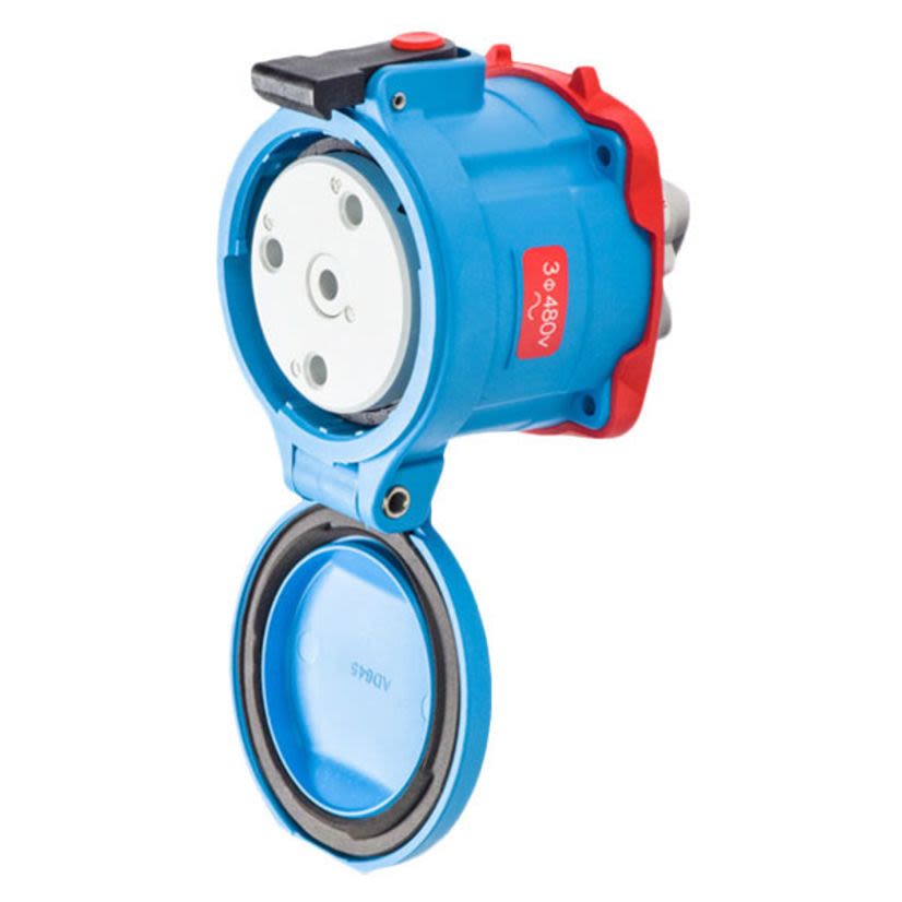 MELTRIC 31-64243-K04 DR100 Standard Duty Female Receptacle With Ground, 255/277/440/480 V AC, 100 A, 3 Poles, 4 Wires, Blue
