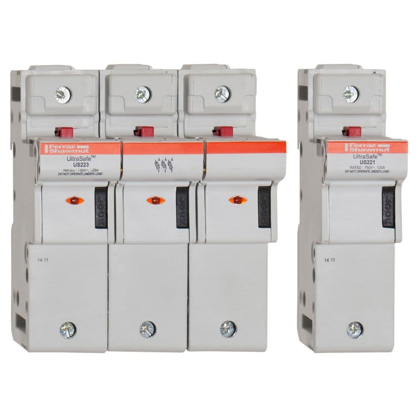 Mersen Ferraz Shawmut UltraSafe™ S331170 US22 Finger Safe Modular Fuse Holder With Blown Fuse Indicator, 750 VAC/VDC, 125 A, 14 to 1/0 AWG Wire, 3 Poles