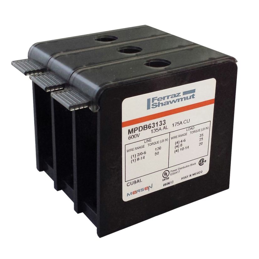 Mersen Ferraz Shawmut MPDB69113 Large Open Style Power Distribution Block, 600 VAC, 760 A, 3 Poles, 4 AWG to 500 kcmil, 14 to 4 AWG Wire, Polycarbonate