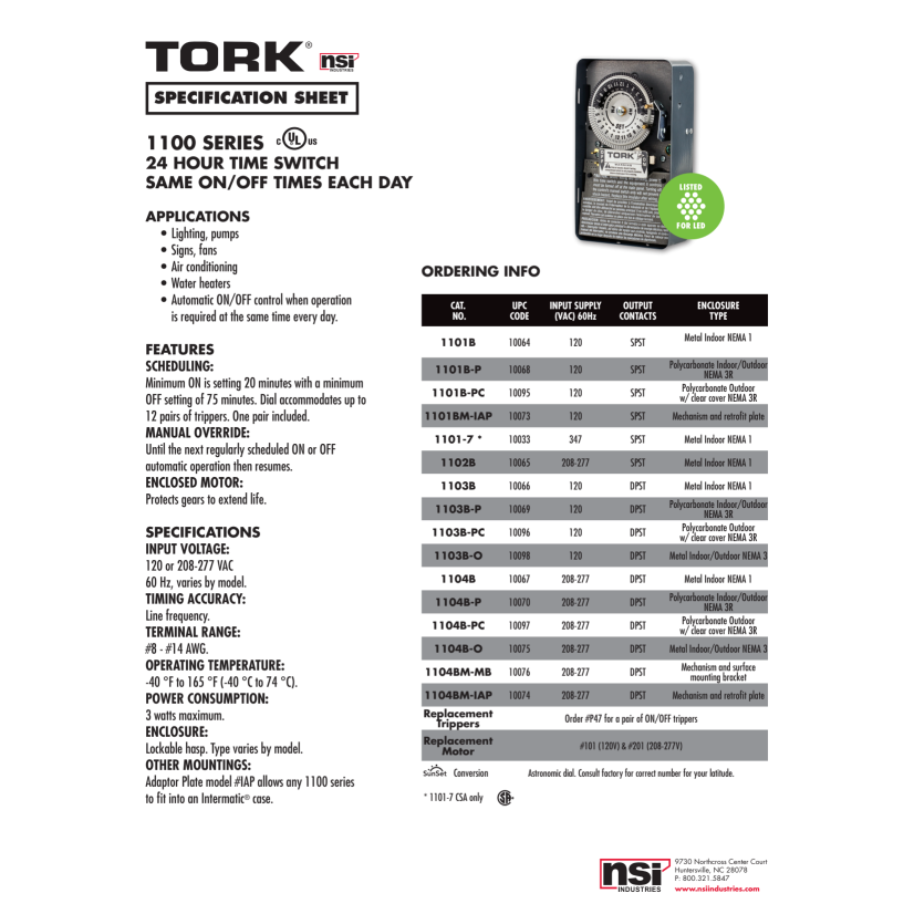 NSi Tork® 1102B 1100 Auto Off Interval Mechanical Time Switch, 24 hr Setting, 208 to 277 VAC, 2 hp, 5 hp, SPST Contact, 1 Poles