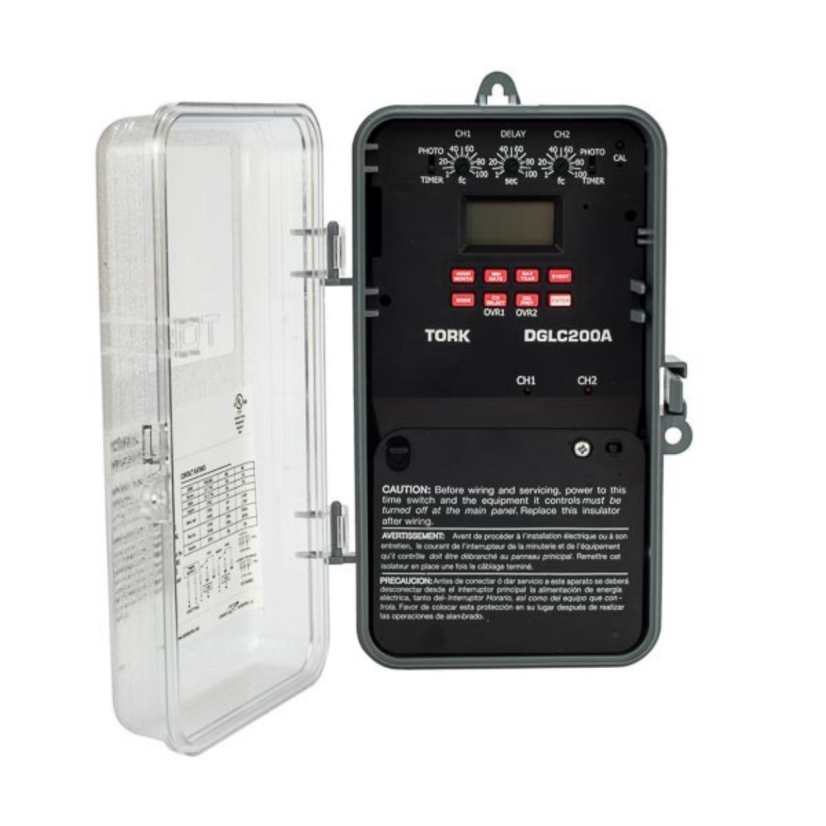 NSI Tork DGLC200A-NC Time Switch With Photocontrol, 1 to 240 min Setting, 120 to 277 V AC, 1/4 to 1 hp, 1/2 to 2 hp, 1 Form C SPDT Contact, 1 Pole