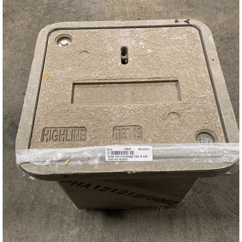 HIGHLINE PHA121212H3002 HANDHOLE POLY/CONC BOX AND CVR 12IN X12IN HT=12IN TIER 15/22500 LBS RATING NO LOGO HEX BOLTS 2IN X8IN X1/4IN LOGO RECESS