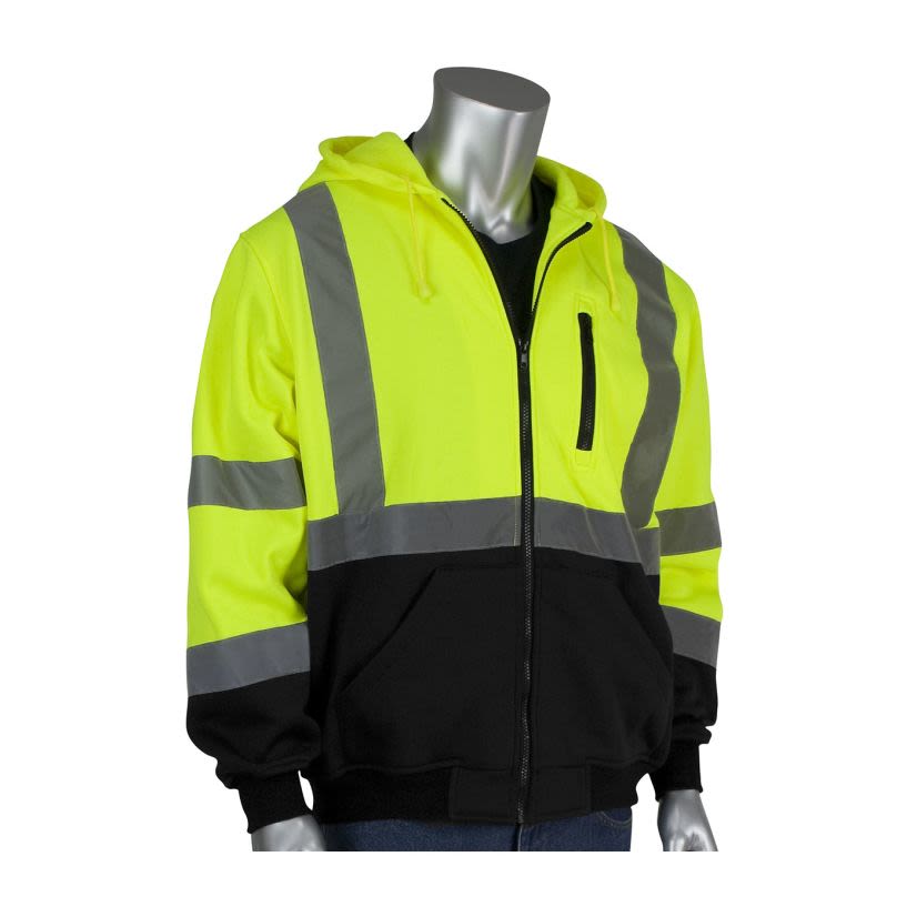 PIP® 323-1370B-LY/M ANSI Type R Class 3 Full Zip Hooded Sweatshirt with Black Bottom, Hi-Vis Lime Yellow, Size M
