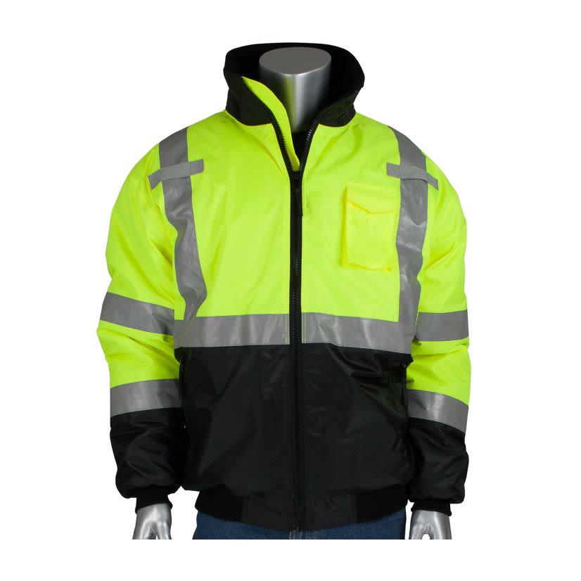 PIP® 333-1740-LY/L ANSI Type R Class 3 Value Black Bottom Bomber Jacket, Hi-Vis Lime Yellow, Size L