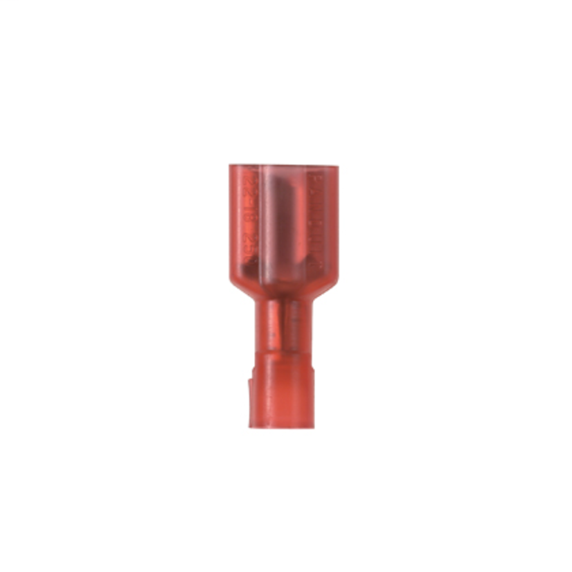 Panduit® Pan-Term® DNF18-250FIB-C DNF-FIB Vibration Resistant Female Disconnect, 22 to 18 AWG Conductor, 0.25 in W x 0.032 in THK Tab, Butted Seam Barrel, Brass, Red, Fully Insulated