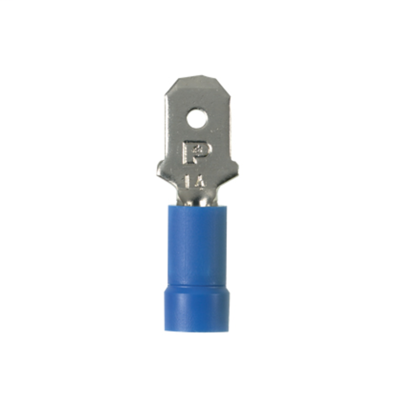 Panduit® Pan-Term™ DV14-250MB-C DV-MB Loose Piece Vibration Resistant Male Tab Disconnect, 16 to 14 AWG Conductor, 0.25 in W x 0.032 in THK Tab, Butted Seam/Funnel Entry Barrel, Copper, Blue