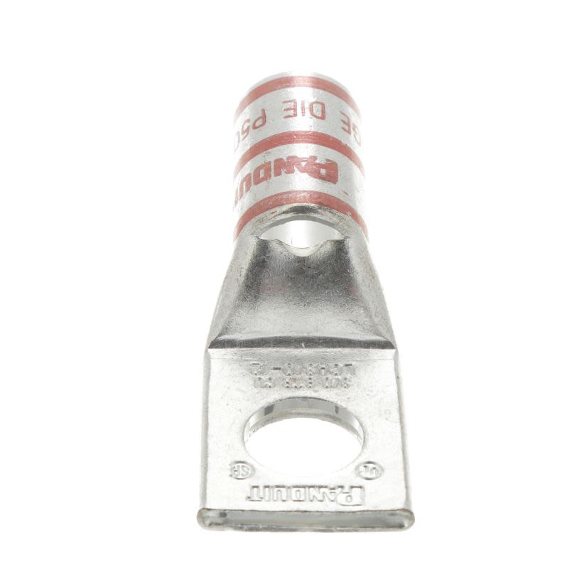Panduit Pan-Lug LCA3/0-12-X 1-Hole Compression Lug Connector With Inspection Window, 3/0 AWG Stranded Copper Conductor, Die Code: P50, 1/2 in Stud, Tin Plated Copper