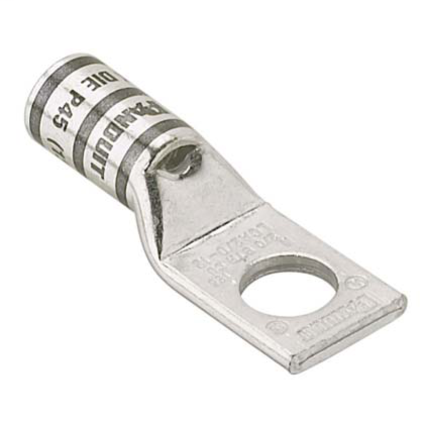 Panduit Pan-Lug LCA6-10-L 1-Hole Compression Lug Connector With Inspection Window, 6 AWG Stranded Copper Conductor, Die Code: P24, #10 Stud, Tin Plated Copper