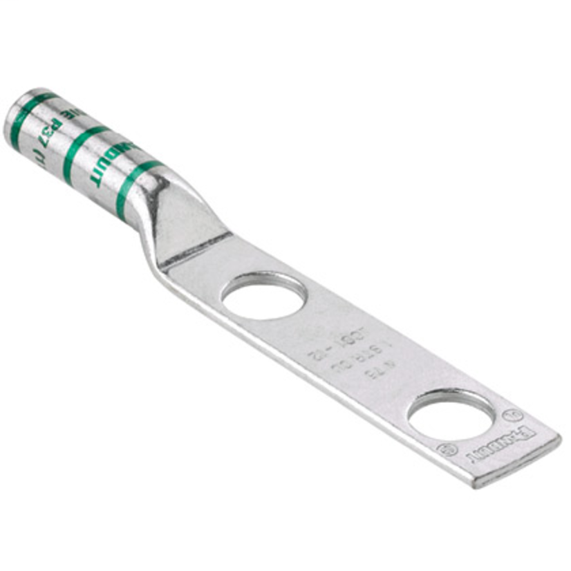 Panduit® Pan-Lug™ LCC2-38D-Q LCC 2-Hole Compression Lug, 2 AWG Copper Conductor, Die Code: P33, 3/8 in Stud, Tin Plated Copper