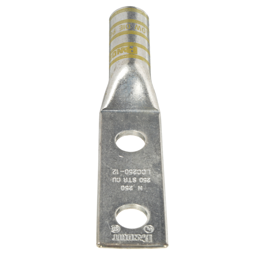 Panduit Pan-Lug LCC250-12-X 2-Hole Compression Connector Lug, 250 kcmil Stranded Copper Conductor, Die Code: P62, 1/2 in Stud, Tin Plated Copper