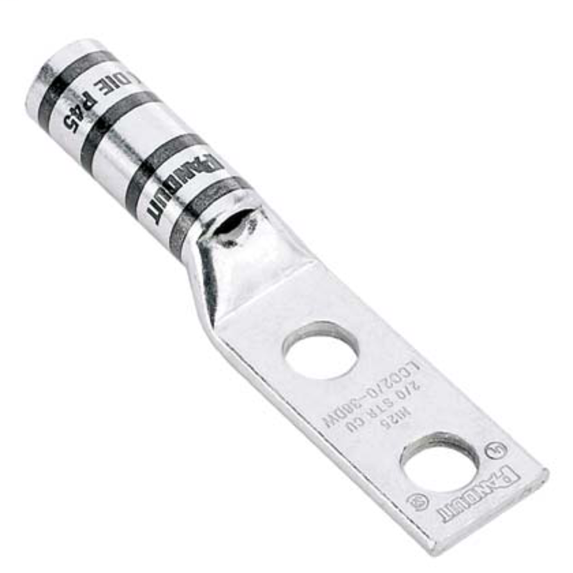 Panduit® Pan-Lug™ LCC300-12W-X LCC-W 2-Hole Compression Lug, 300 kcmil Copper Conductor, Die Code: P66, 1/2 in Stud, Tin Plated Copper