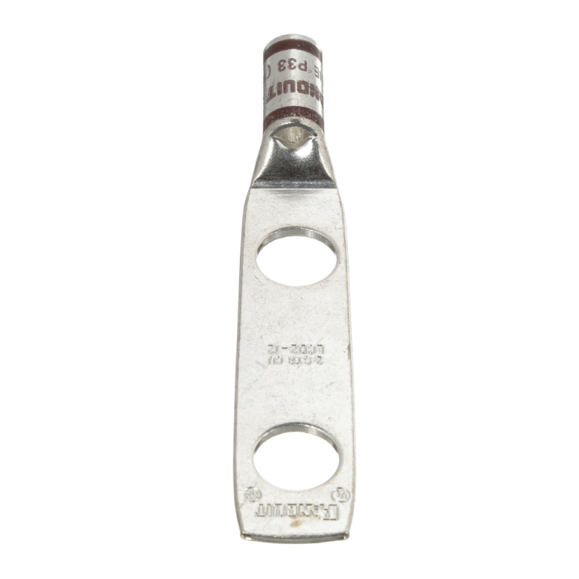 Panduit Pan-Lug LCD2-12-Q 2-Hole Compression Connector Lug, 2 AWG Copper Conductor, Die Code: P33, 42.767 in Stud, Tin Plated Copper