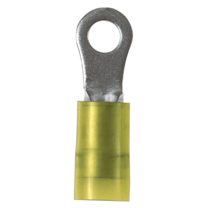 Panduit Pan-Term PN12-14HDR-L Heavy Duty Ring Terminal, 16 to 12 AWG Conductor, 1.24 in L, Brazed Seam/Insulation Grip Sleeve/Internal Serration/Standard Barrel, Copper, Yellow