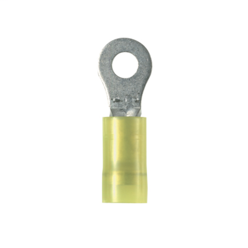 Panduit® Pan-Term™ PNF10-8R-L Type PNF-R Terminal With 0.225 in Dia Nylon Insulation, 12 to 10 AWG Conductor, 1.06 in L, Funnel Entry/Seamed/Serrated Barrel, Copper, Yellow