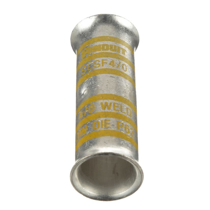 Panduit® Pan-Lug™ Pan-Term™ SCSF4/0-X Compression Butt Splice, 4/0 AWG Conductor, 2-1/2 in L, Flared/Seamless/Standard Barrel, Copper, Yellow