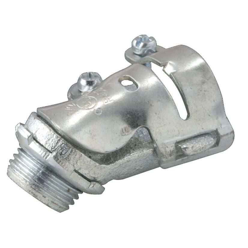 RACO 2222 Non-Insulated Squeeze Conduit Connector, 1/2 in Trade, 25/32 to 29/32 in Cable Openings, For Use With Flexible Metallic Conduit, Armored Clad, Metallic Clad Cable, Die Cast Zinc