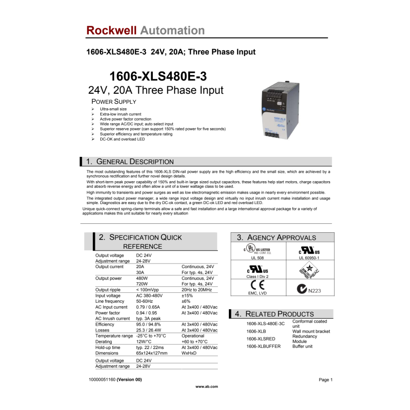 A-B Rockwell  1606-XLS480E-3 Power Supply XLS 480 W Power Supply