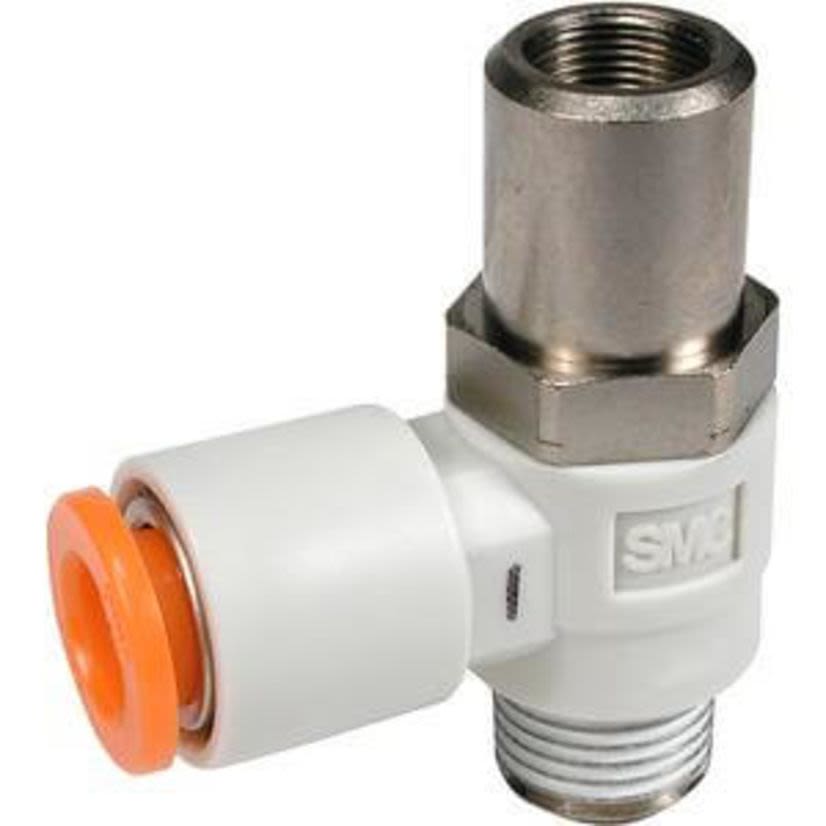 SMC AS1201F-M5-06D AS Series Elbow Speed Controller, M5 x 0.8 Port, 0.1 to 1 MPa Pressure, 100 Lpm Flow Rate, PBT/Brass Body
