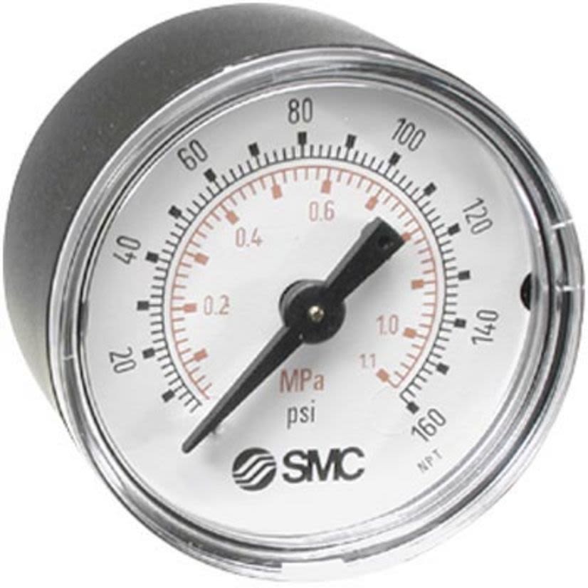 SMC K40-MP1.0-N01MS K40 Mechanical Pressure Gauge, 0 to 160 psi Pressure, 1/8 in MNPT, M5x0.8 Female ISO Threaded Connection, 1-1/2 in Dia Dial