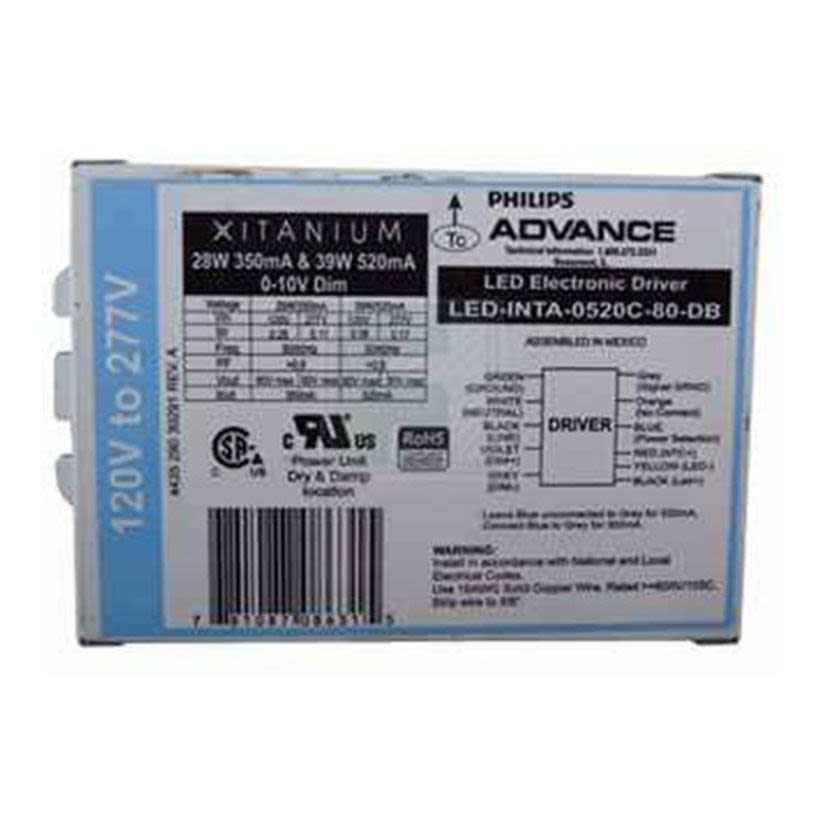 Advance LEDINTA0520C80DBM 17-Wire Dimmable LED Driver, 120 to 277 V AC Input, 40 to 77 VDC Output, 40 W Power Rating, 4.21 in L x 3.01 in W