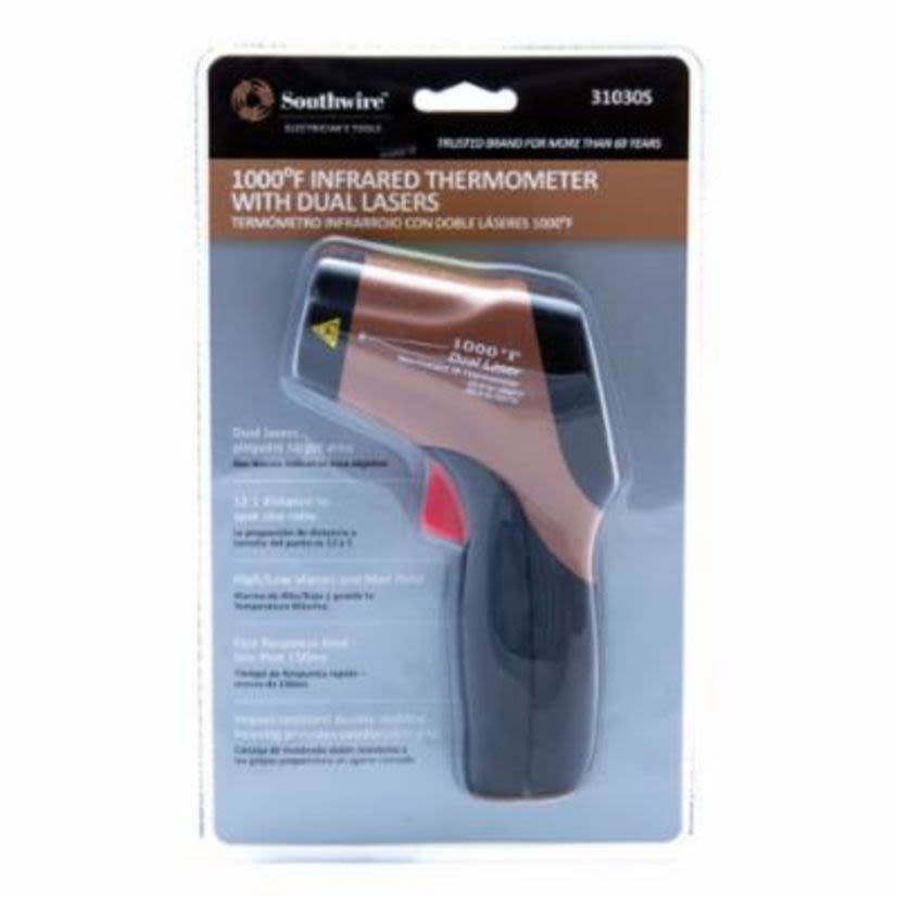 Southwire® 58293401 Non-Contact Infrared Thermometer, -58 to 1000 deg F, +/-1% Reading/+/-1.8 deg F, 12:1 Focus Spot, 0.1 to 1 Adjustable Value