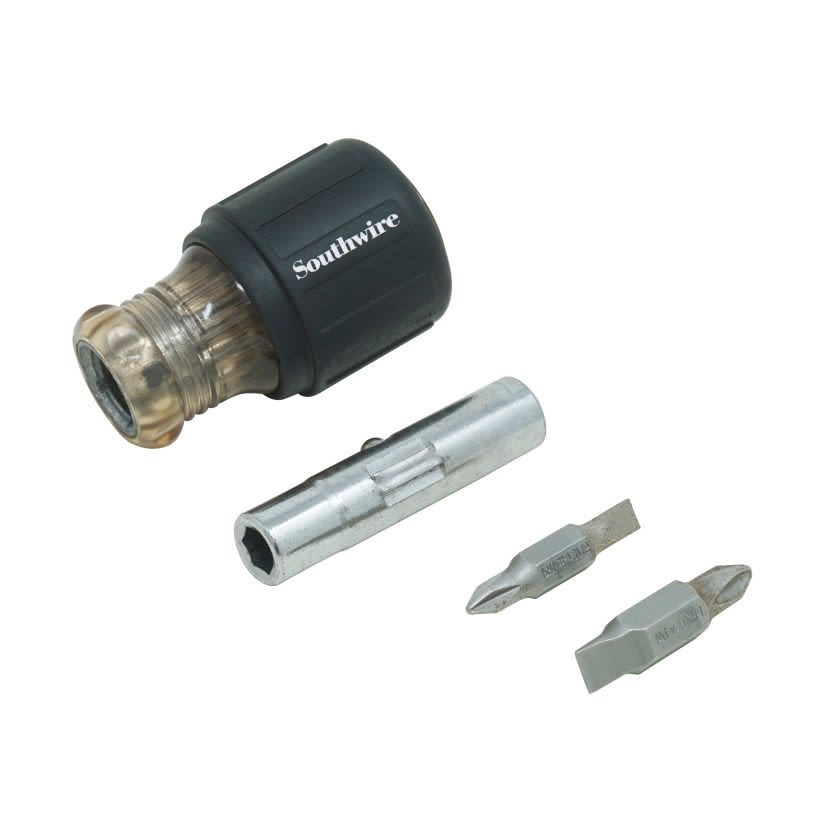 Southwire 587397 6-in-1 Stubby Multi-Bit Screwdriver, 6 Pieces, 3/16 to 1/2 in Range, Phillips/Slotted Point, Cushion Grip Handle