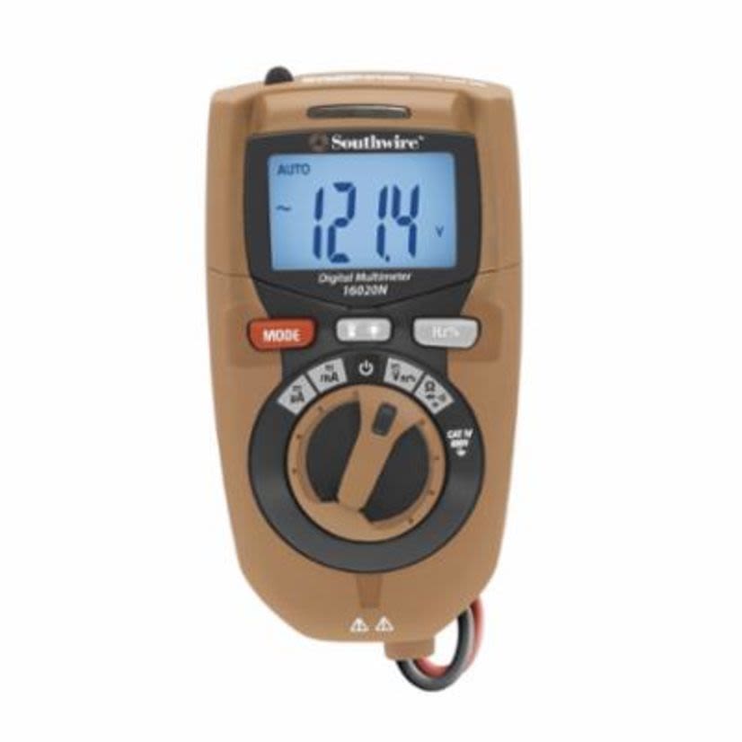Southwire 630186 Auto-Ranging Digital Multimeter With Integrated Test Leads, 4 to 600 V AC/400 mV to 600 V DC/400 uA to 200 mA/400 Ohm to 40 MOhm/51.2 nF to 100 uF/9.999 Hz to 9.999 kHz Measuring, 600 V AC/DC, 200 mA, 40 MOhm, 4000 Count Backlit LCD Display