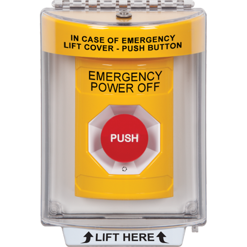 STI SS2231PO-EN Stopper® Station Push Button with Protective Cover, Turn to Reset, EMERGENCY POWER OFF, Yellow