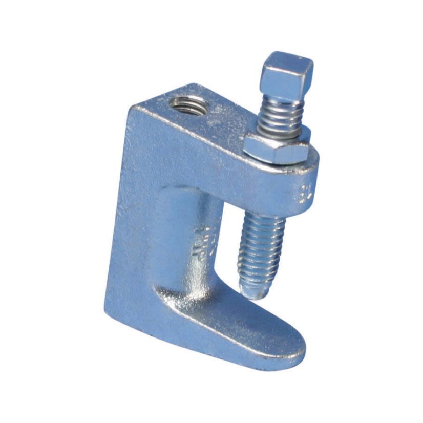 nVent CADDY 3100037EG Thick Flange Universal Wide Mouth Beam Clamp, 3/8 in Rod, 1-1/4 in THK Flange, 250/500 lb Static Load, Steel, Electro-Galvanized