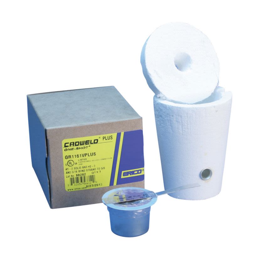 nVent ERICO CADWELD® PLUS ONE-SHOT GR1181GPLUS Type GR Single Use Weld Metal Mold, 8 to 6 AWG Solid, 8 AWG Stranded Conductor, 3/4 in Rod, Cable to Ground Rod Connection, Ceramic