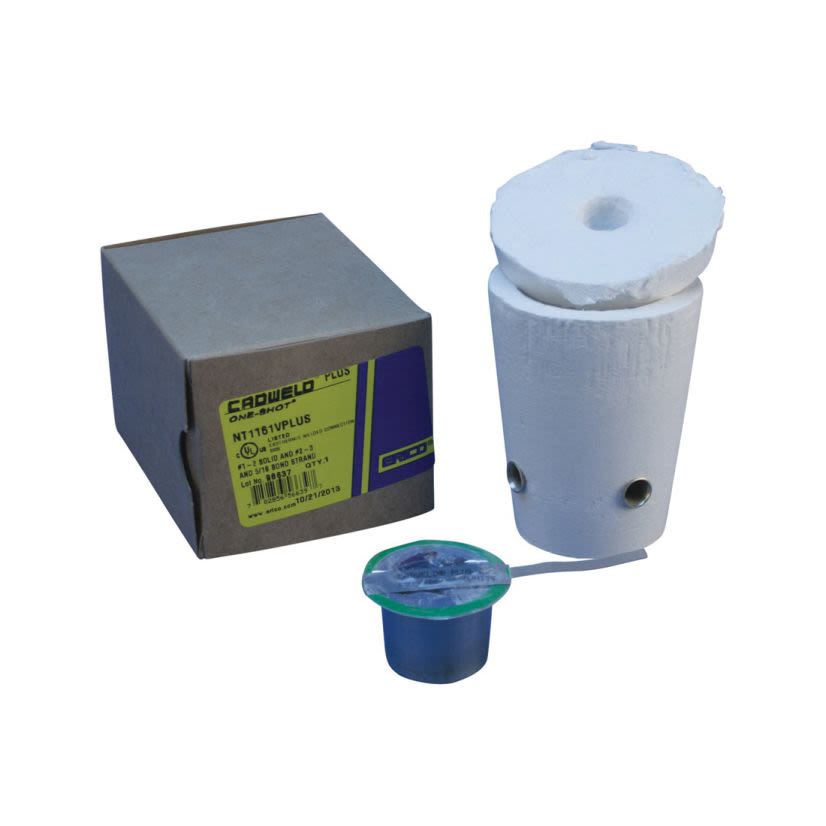 nVent ERICO CADWELD® PLUS ONE-SHOT GT1161LPLUS Type GT Single Use Weld Metal Mold, 4 to 3 AWG Solid, 6 to 4 AWG Stranded Conductor, 5/8 in Rod, Cable to Ground Rod Connection, Ceramic