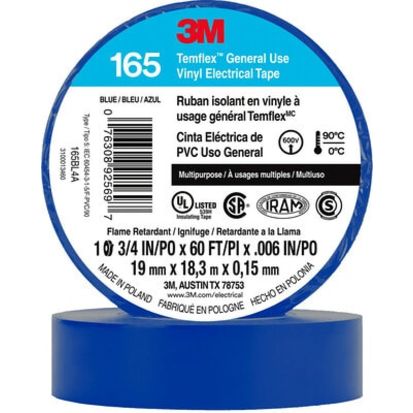 3M™ 7100169429  Temflex™ Vinyl Electrical Tape 165, Blue, 3/4 in x 60 ft (19 mm x 18 m), 100 Rolls/Case