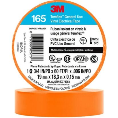 3M™ 7100169433 Temflex™ Vinyl Electrical Tape 165, Orange, 3/4 in x 60 ft (19 mm x 18 m), 100 Rolls/Case