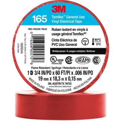 3M™ 7100169492  Temflex™ Vinyl Electrical Tape 165, Red, 3/4 in x 60 ft (19 mm x 18 m), 100 Rolls/Case