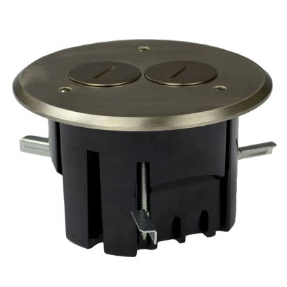 Allied Moulded FB-3N Duplex Floor Box Assembly With Nickel Plated Brass Cover, Polycarbonate, 24.5 cu-in, 2 Outlets, 2 Knockouts, 3.94 in W x 3 in D