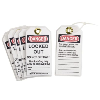 Brady® 65535 Laminated Rectangular Lockout Tag, 5-3/4 in H x 3 in W, Black/Red on White, 3/8 in Hole, B-837 Paper/Polyester