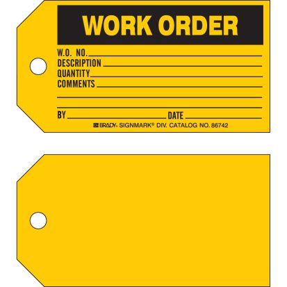 Brady® 86742 1-Sided Rectangular Write-On Production Status Tag, 3 in H x 5-3/4 in W, Black on Yellow, 3/8 in Hole, B-853 Cardstock