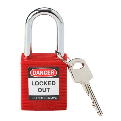 Brady® 99552 Anti-Spark Safety Padlock, Different Key, Red, LOTO-8 Fiberglass Reinforced Nylon Body, 1/4 in Dia x 1-1/2 in H x 0.8 in W Triple Coated Hardened Steel Shackle, 1-3/4 in L Body