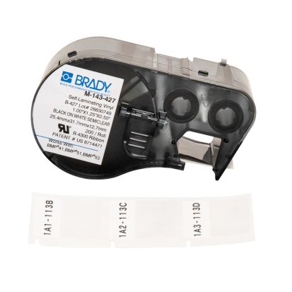 Brady® M-143-427 Self-Laminating Cartridge Label, 1-1/4 in L x 1 in W, For Use With BMP®51, BMP®53 and BMP®41 Printers, B-427 Vinyl, Black on White/Clear