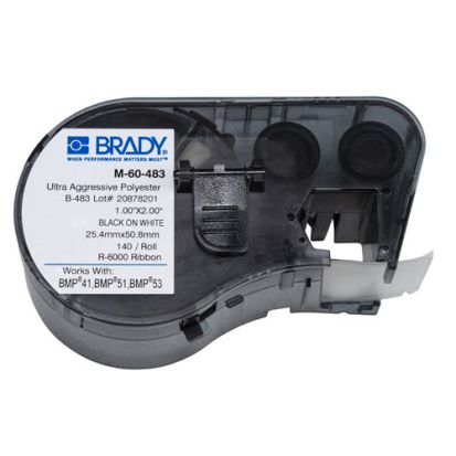 Brady® ToughBond™ M-60-483 M Series Rectangular Cartridge Label, 1 in L x 2 in W, For Use With BMP® 41 Label Printers, BMP® 51 and BMP® 53 Label Maker, B-483 Polyester, Black on White