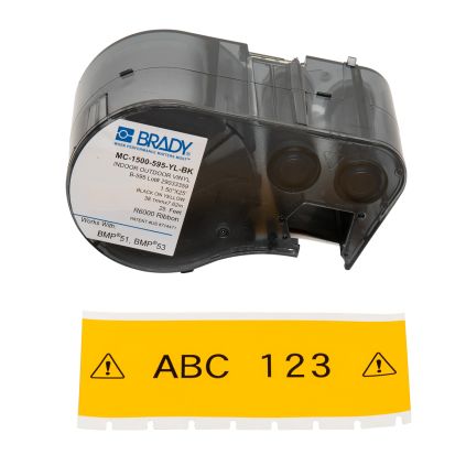 Brady® MC-1500-595-YL-BK Panel Label, 25 ft L x 1-1/2 in W, For Use With BMP®51 and BMP®53 Printers, B-595 Vinyl Film, Black on Yellow