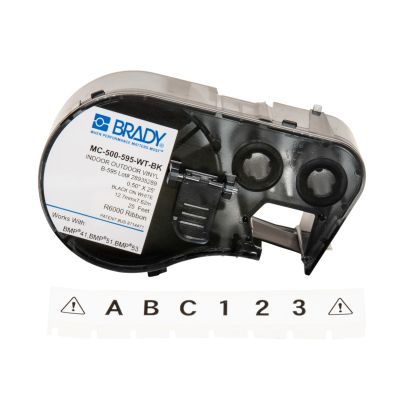 Brady® MC-500-595-WT-BK Label Maker Cartridge, 25 ft L x 1/2 in W, For Use With BMP®53, BMP®51 and BMP®41 Printers, Vinyl, Black/White