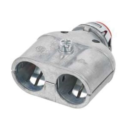 Bridgeport® 3838ASP Double Snap Double Barrel Insulated Duplex Connector, 3/8 in Trade, 1/2 in Knockout, 0.38 to 0.59 in Cable Openings, Die Cast Zinc, Ball Burnished/Mirror Smooth