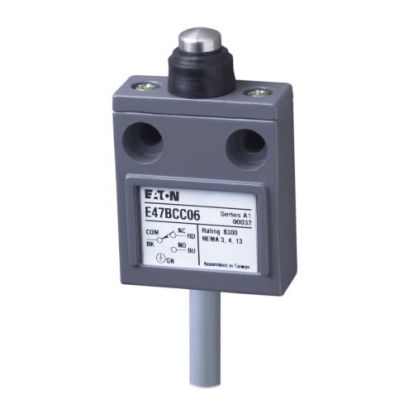 EATON Cutler-Hammer Series E47BCC06 Compact Pre-Wired Limit Switch With Internal Brake Chopper, 250 VAC, 30 VDC, 4/5 A, Sealed Pin Plunger Actuator, SPDT Contact, 1 Pole