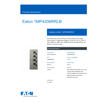EATON Cutler-Hammer 1MP4206RRLB Ringless Meter Pack w/ Horn Bypass